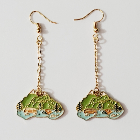 Earrings Camping van life nature handmade mountains Forrest enamel unique - Picture 2 of 11